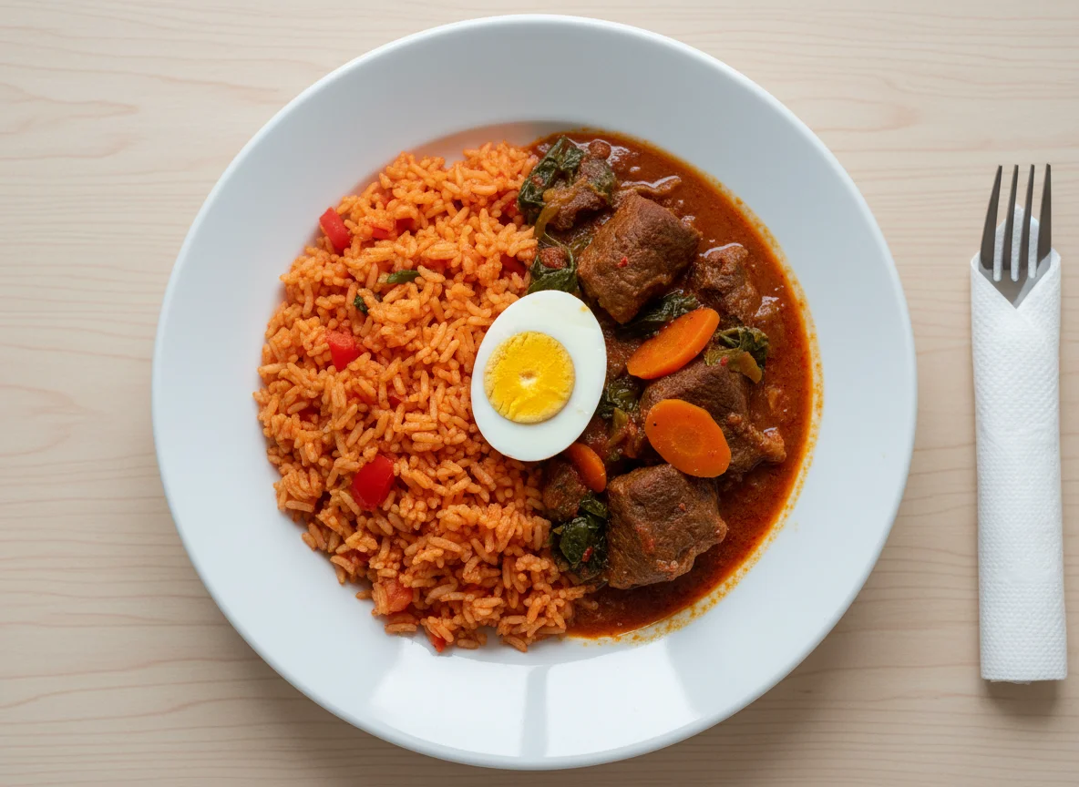 Nigerian Rice and Stew with Boiled Egg photo