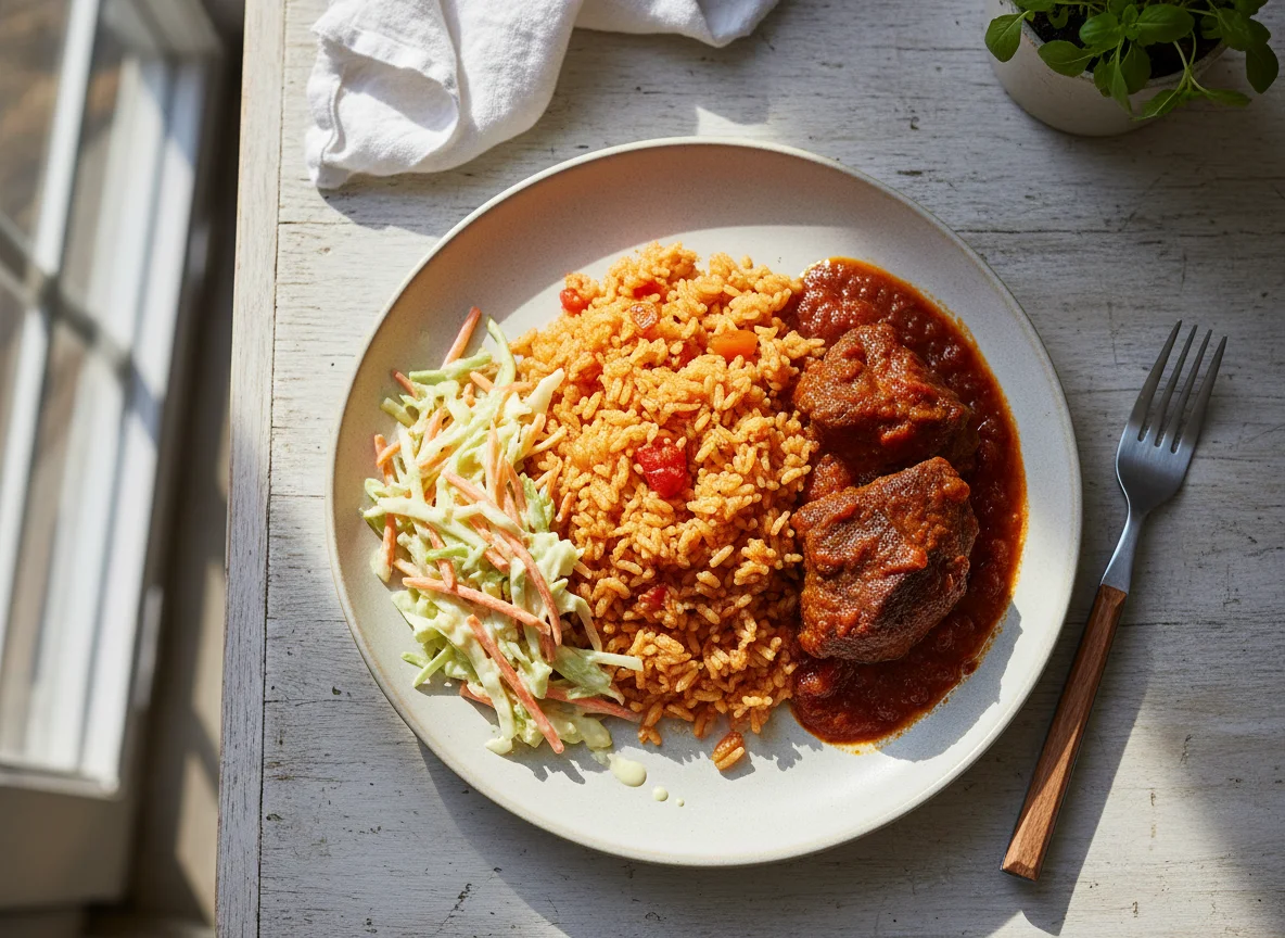 Nigerian Rice and Stew with Coleslaw photo