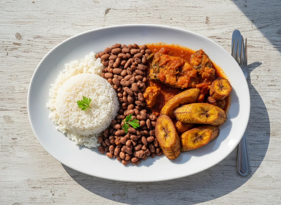 Nigerian Rice, Beans, Fried Plantain and Stew photo