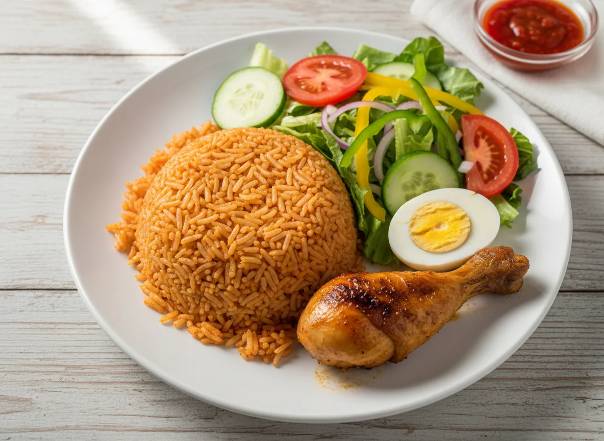 Nigerian Rice Dish with Chicken, Eggs, and Salad photo