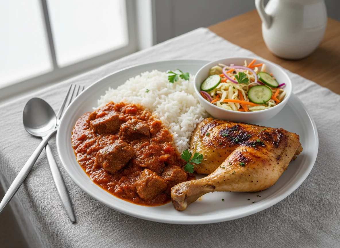 Nigerian Rice with Stew, Salad and Grilled Chicken photo
