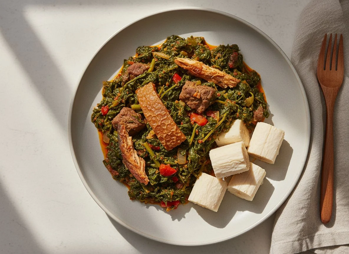 Nigerian Vegetable Soup (Efo Riro style) with Yam photo