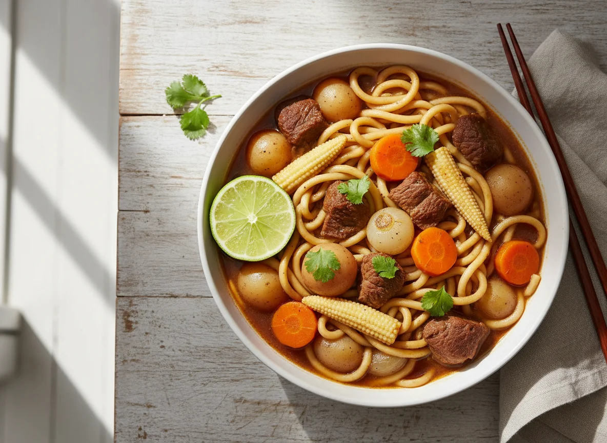 Noodle and Beef Stew with Vegetables photo