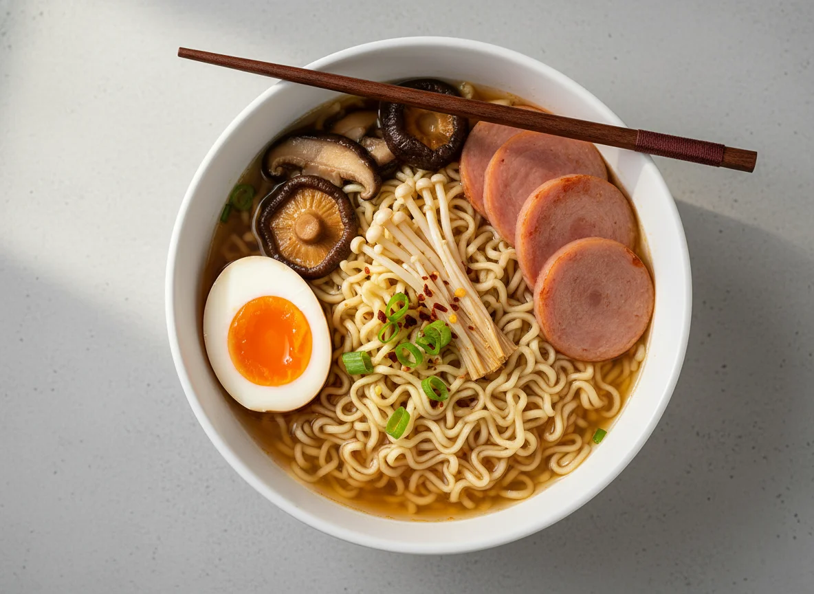 Noodle bowl with egg, ham, and mushrooms photo