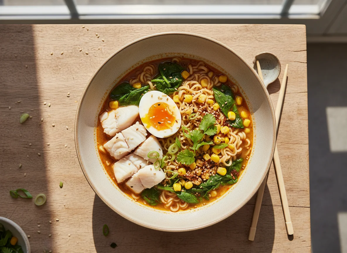 Noodle bowl with fish, egg, spinach, and corn photo