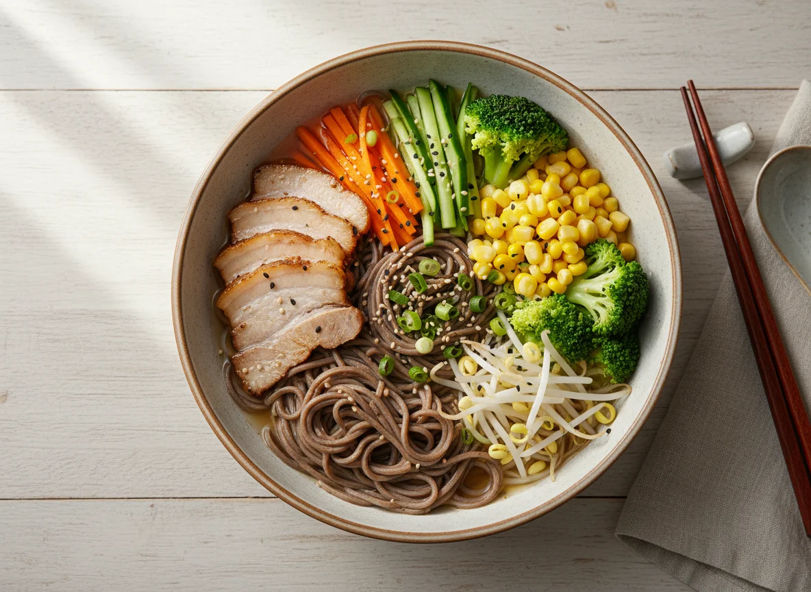 Noodle Bowl with Meat and Vegetables photo