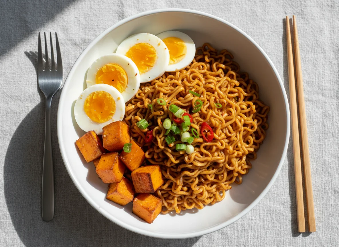 Noodle dish with egg and sweet potato photo