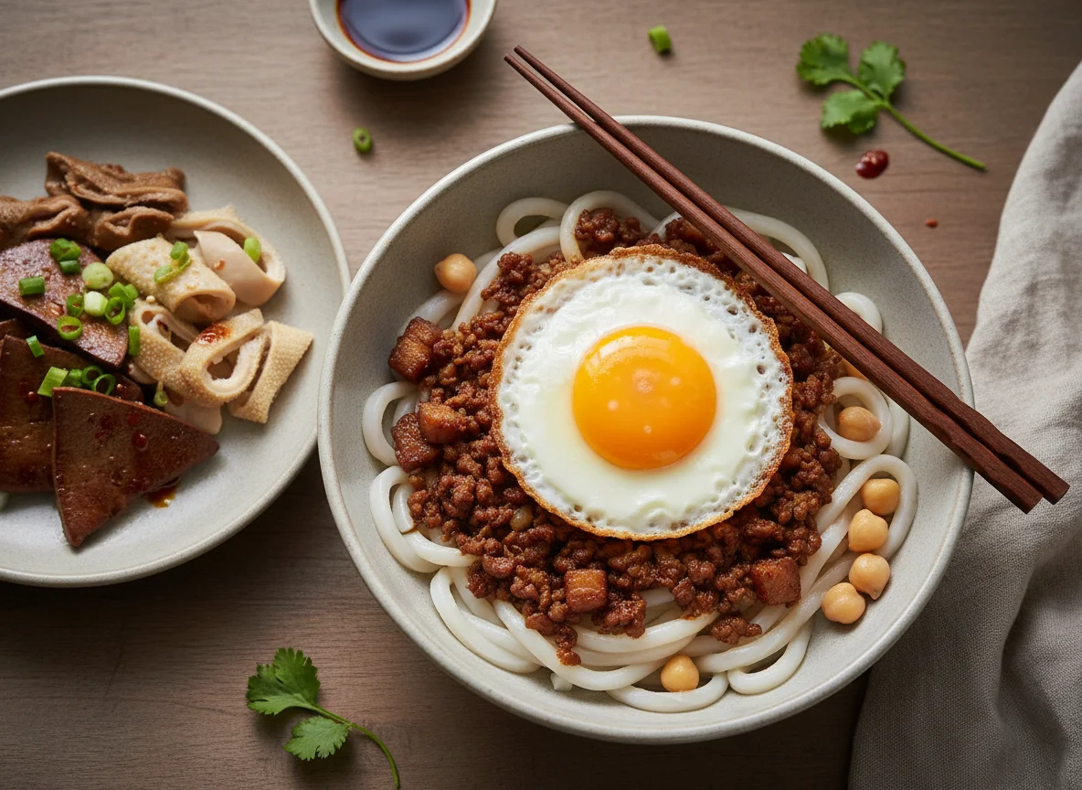 Noodle dish with minced meat, chickpeas, and fried egg, with a side of offal photo