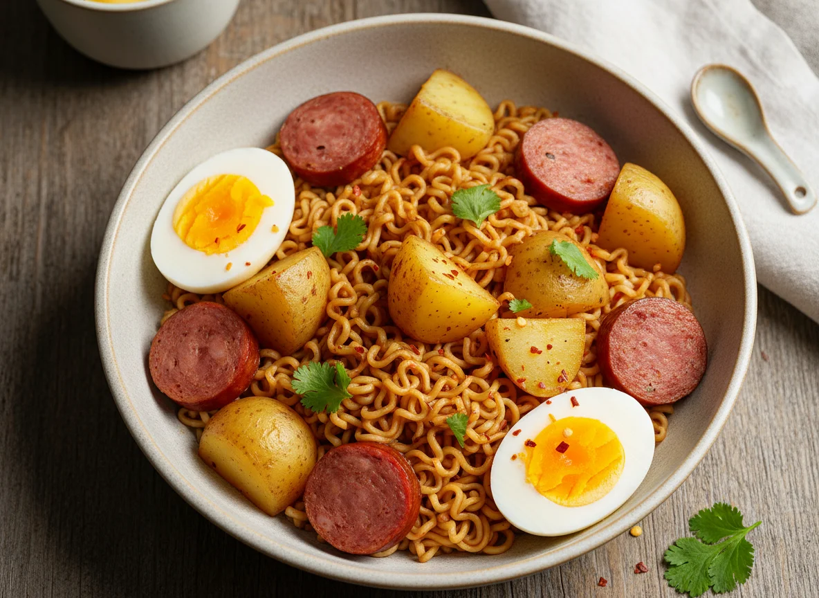 Noodle dish with potatoes, sausage, and hard-boiled eggs photo