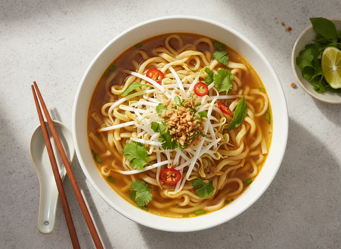 Noodle Soup with Bean Sprouts and Herbs photo