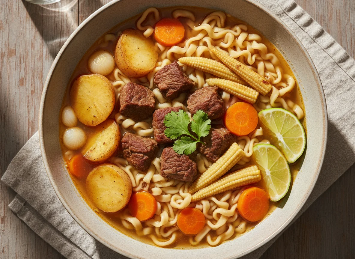 Noodle soup with beef and vegetables photo