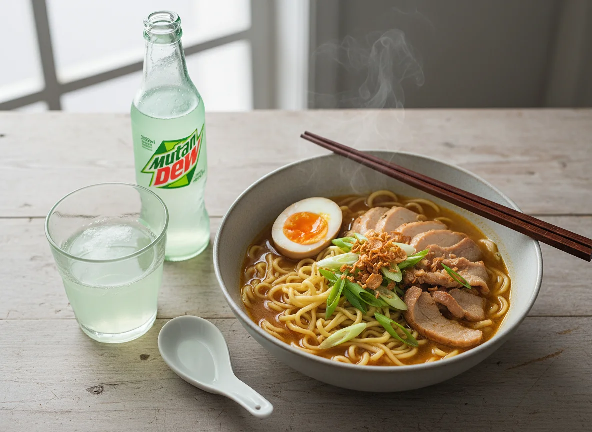 Noodle Soup with Egg and Mountain Dew photo