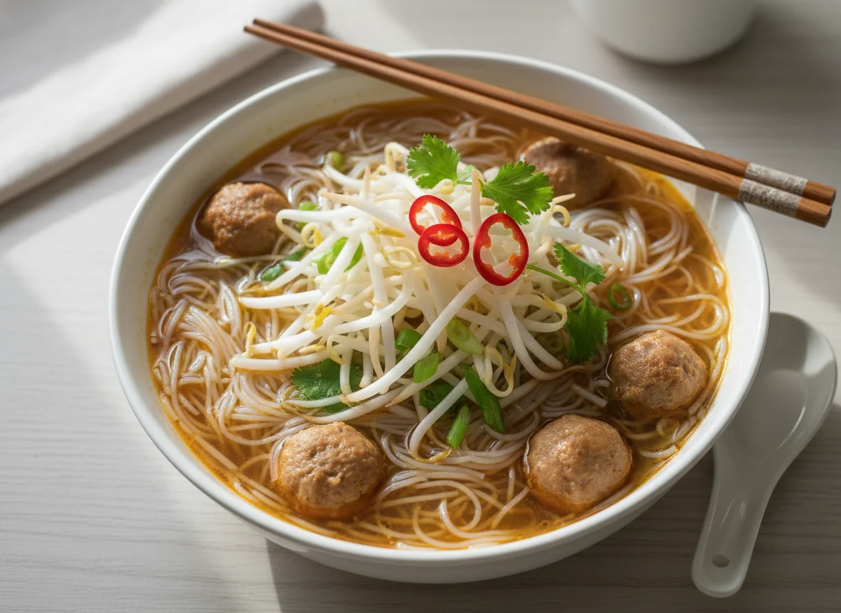 Noodle Soup with Meatballs and Bean Sprouts photo