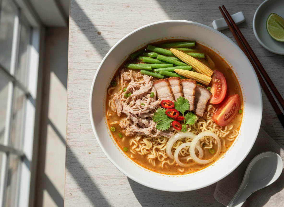 Noodle Soup with Pork and Vegetables photo