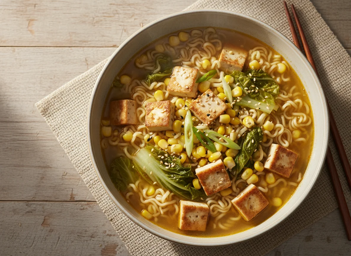 Noodle Soup with Tofu, Cabbage, and Corn photo