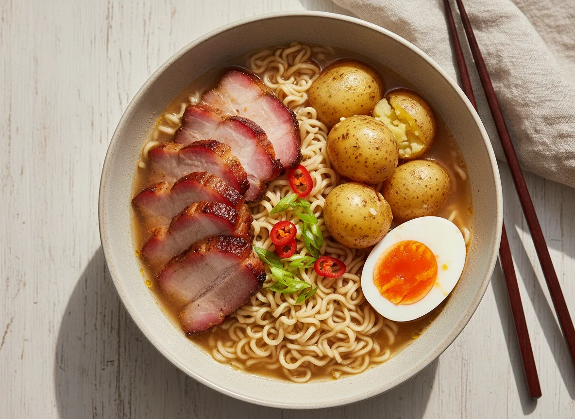 Noodles with BBQ Pork, Potatoes, and Hard-Boiled Eggs photo
