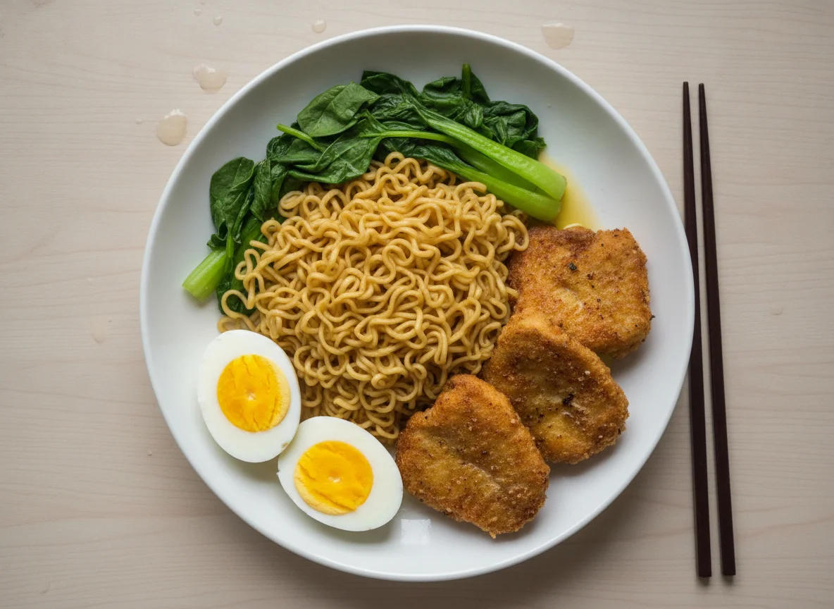 Noodles with Boiled Eggs and Fried Fish photo