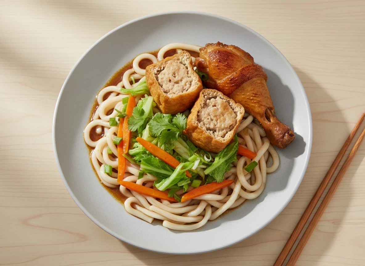 Noodles with Braised Vegetables, Stuffed Tofu, and Chicken photo