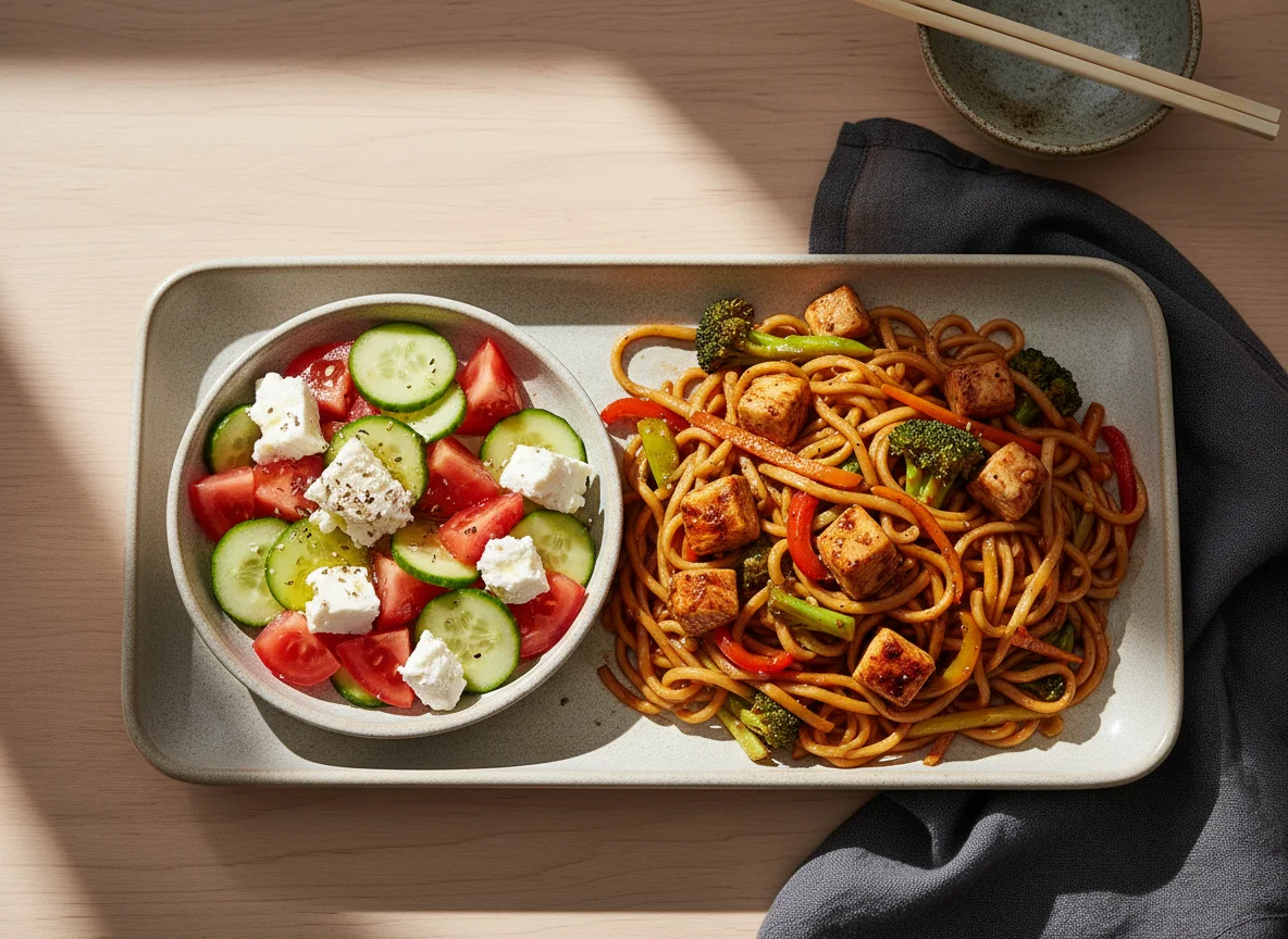 Noodles with Chicken and Vegetable Stir-fry, and Feta Salad photo