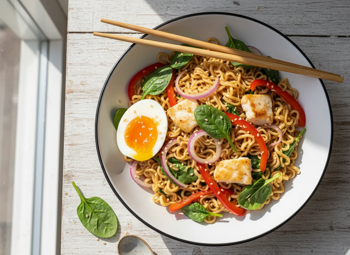 Noodles with Egg, Vegetables, and Fish photo