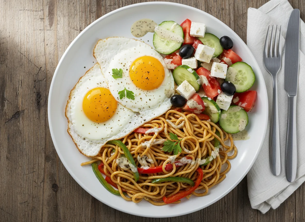 Noodles with Fried Eggs and Salad photo