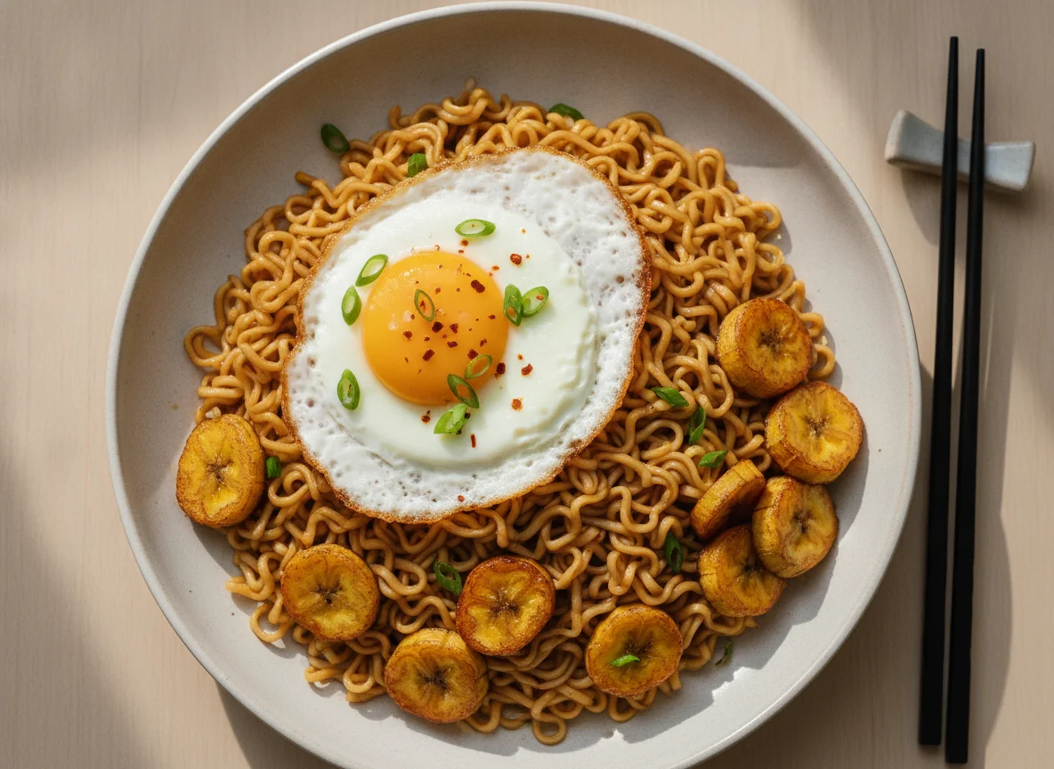 Noodles with Fried Plantain and Fried Egg photo