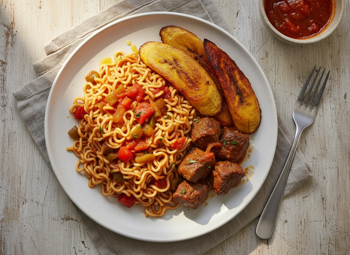 Noodles with Fried Plantain and Stewed Meat photo