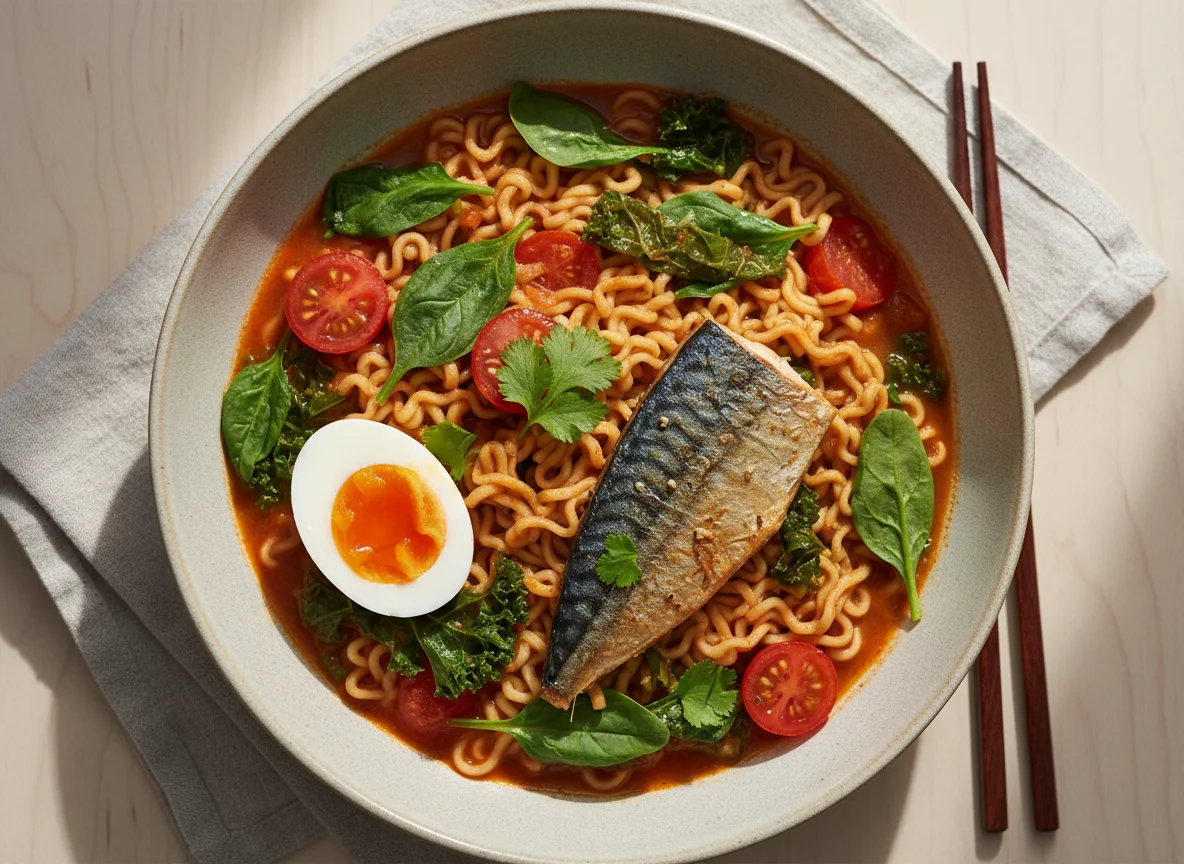 Noodles with Greens and Fish photo