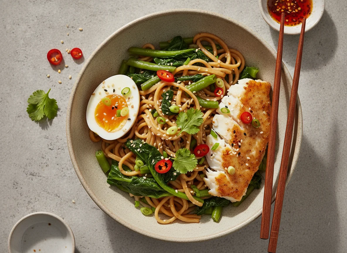 Noodles with Greens, Fish, and Boiled Egg photo