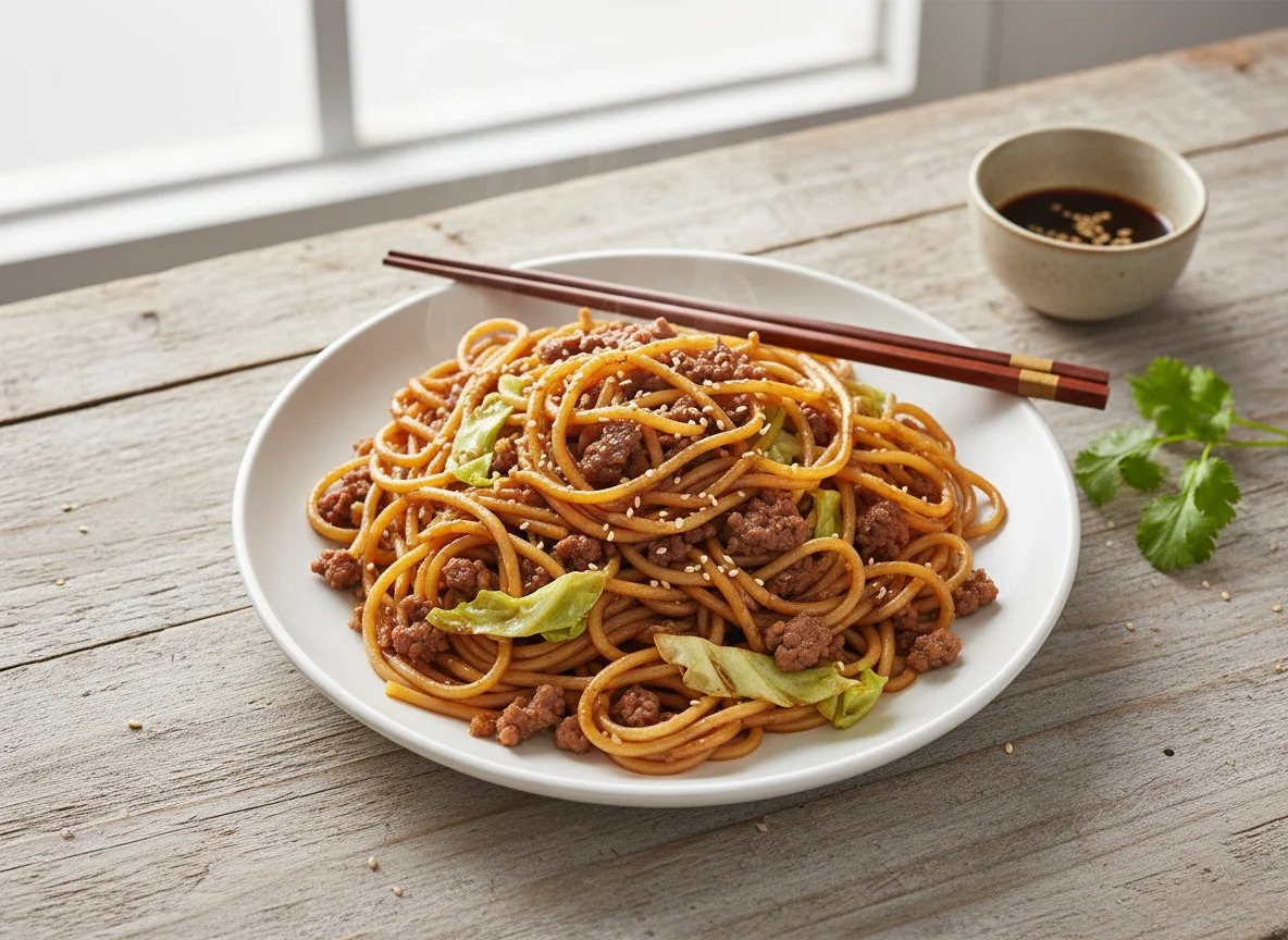 Noodles with Ground Meat and Vegetables photo