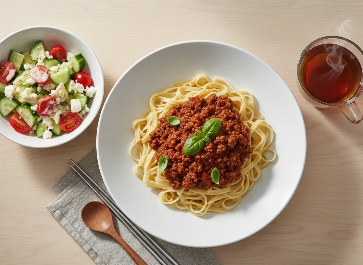Noodles with meat sauce, cucumber and tomato salad, and tea photo