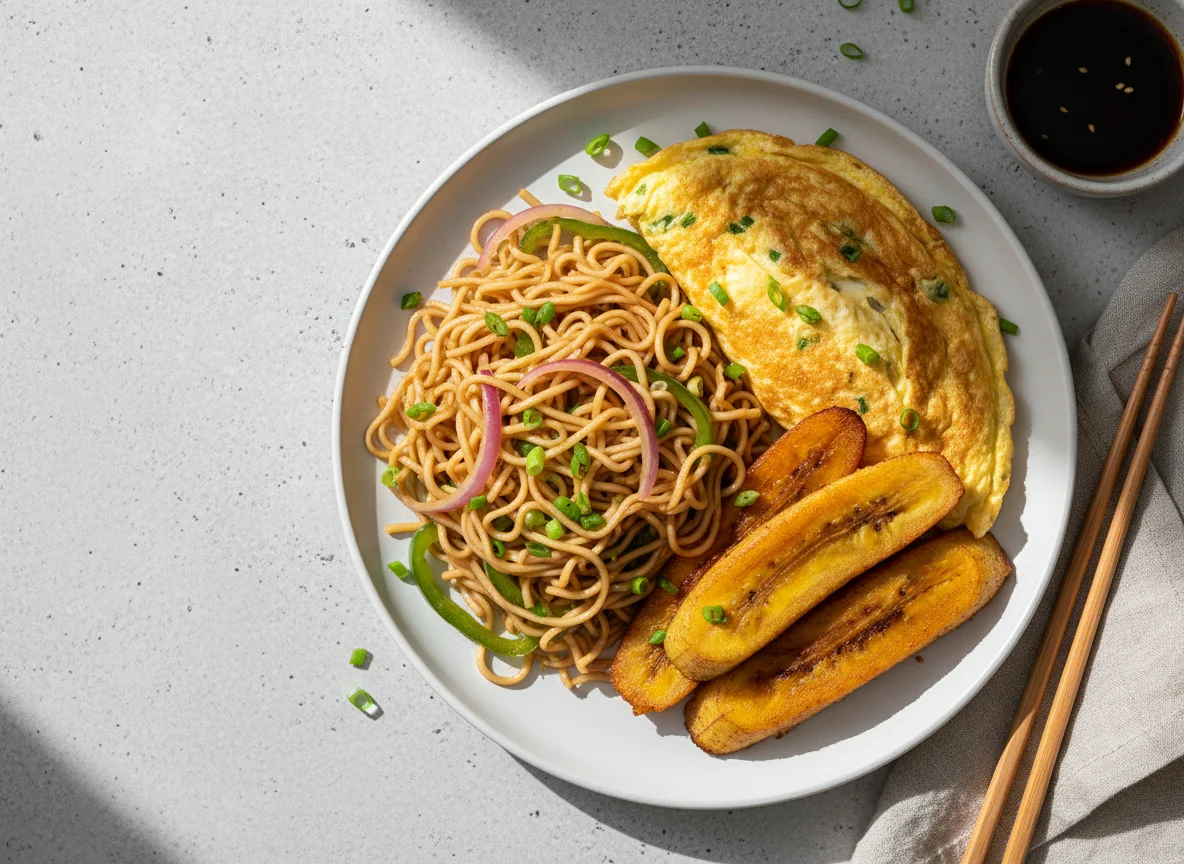 Noodles with Omelette and Fried Plantain photo