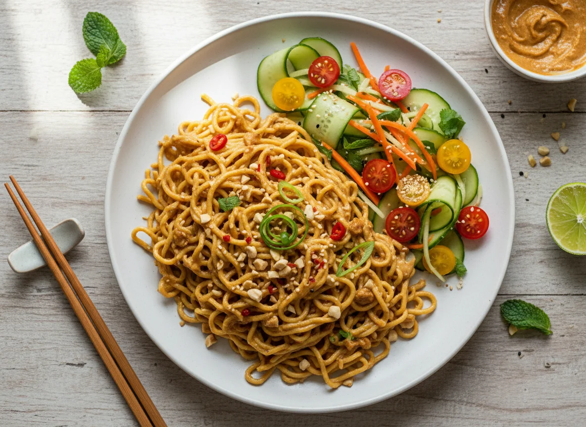 Noodles with Peanut Sauce and Salad photo