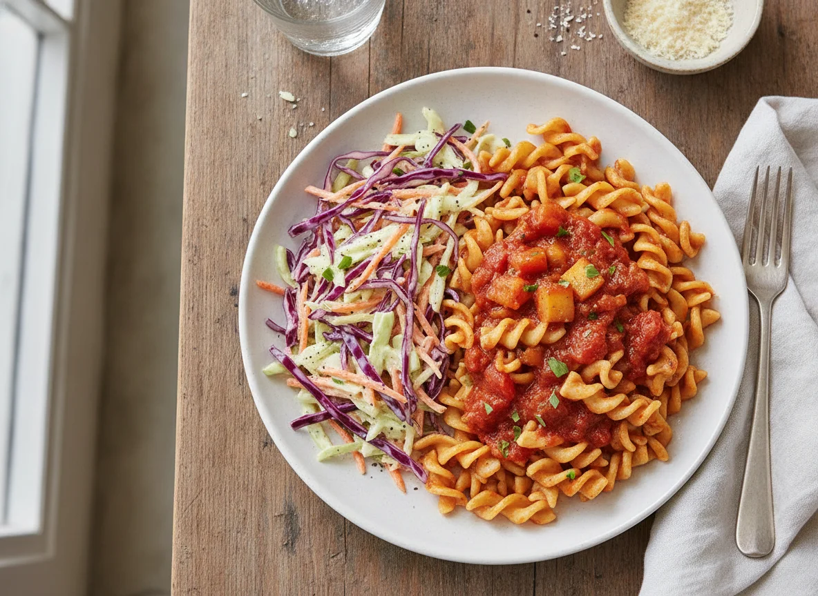 Noodles with sauce and coleslaw photo
