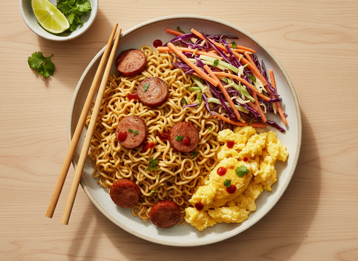 Noodles with Scrambled Eggs and Coleslaw photo