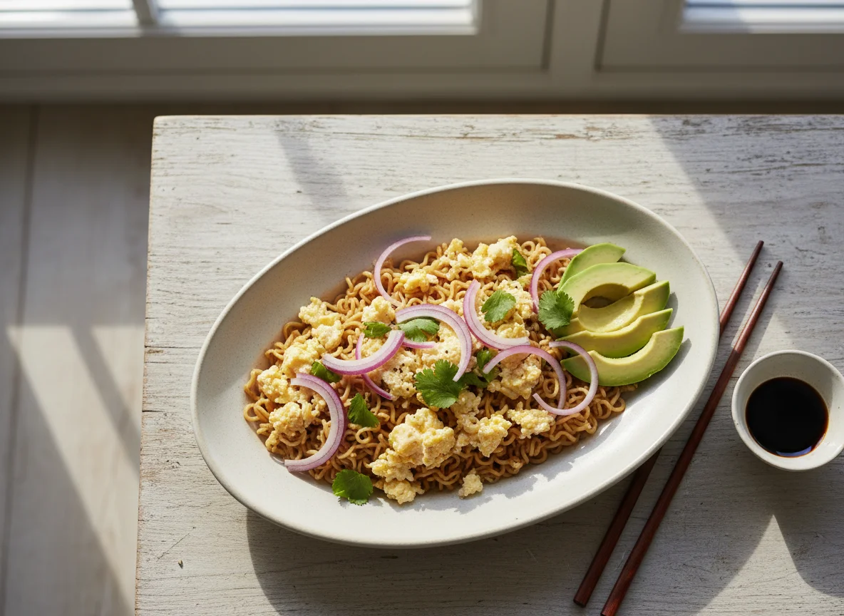 Noodles with Scrambled Eggs, Red Onion, and Avocado photo
