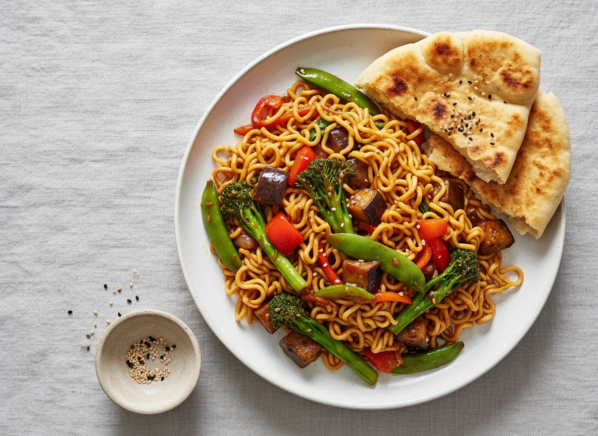Noodles with Stir-fried Vegetables and Flatbread photo