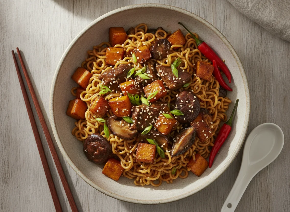 Noodles with Sweet Potato and Meat/Mushroom photo