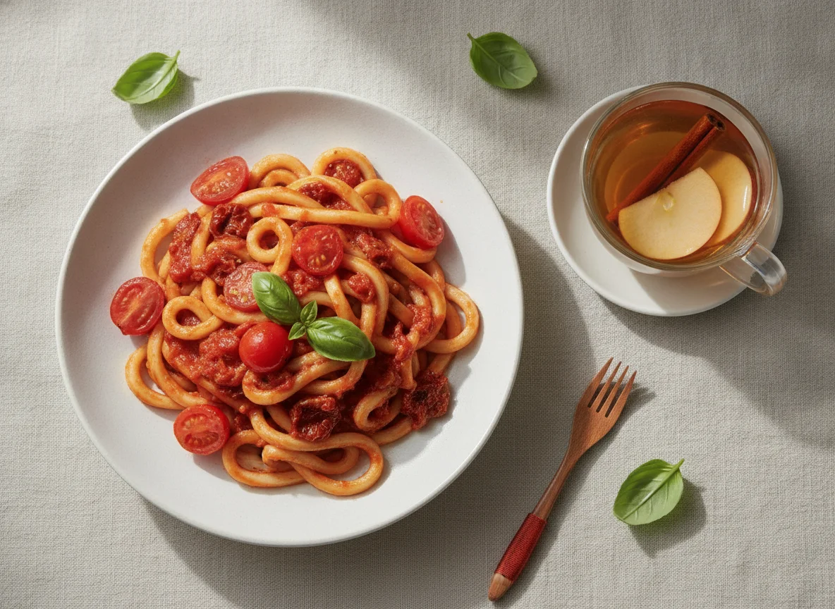 Noodles with Tomatoes and Apple Tea photo