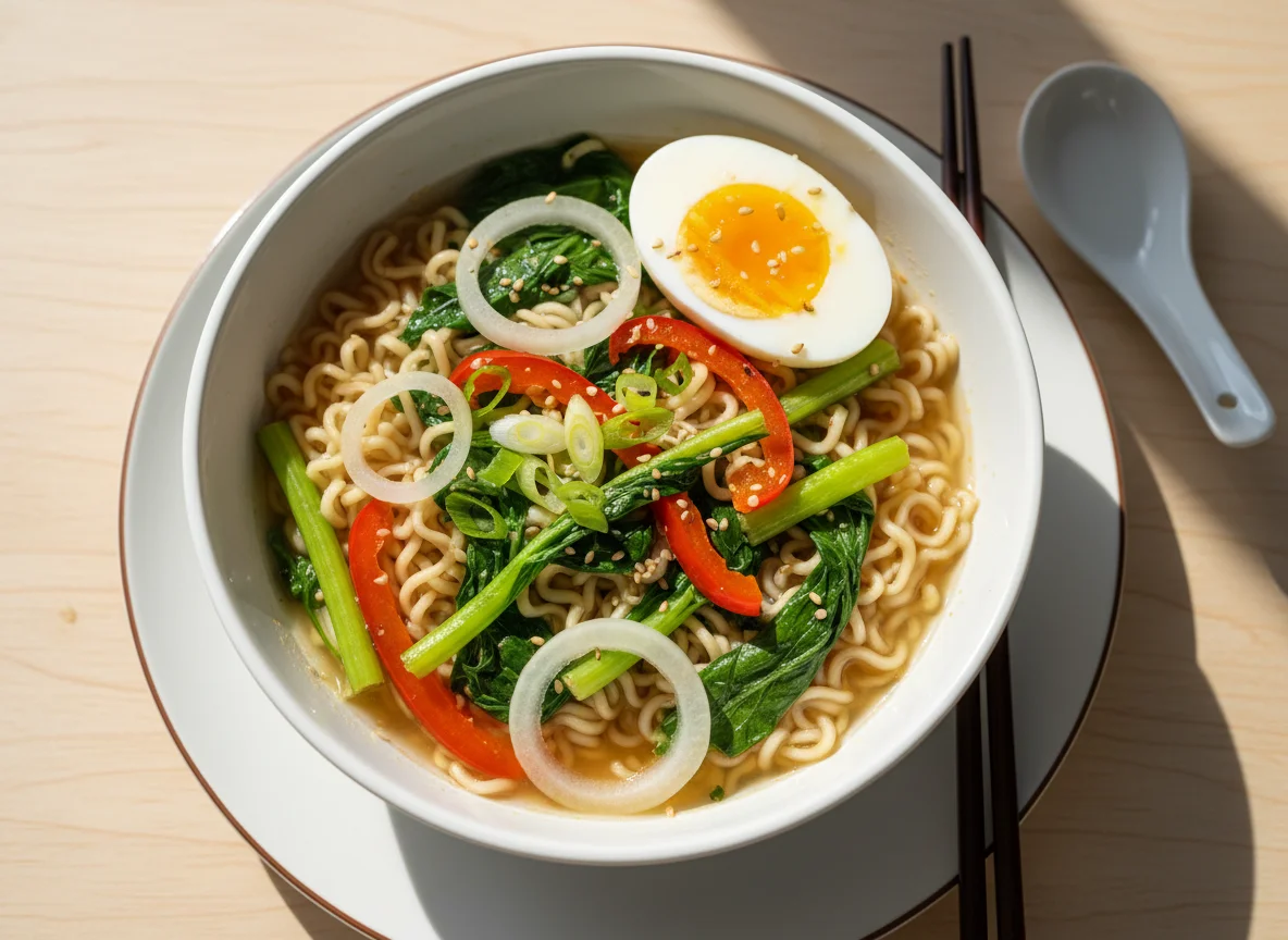 Noodles with Vegetables and Boiled Egg photo