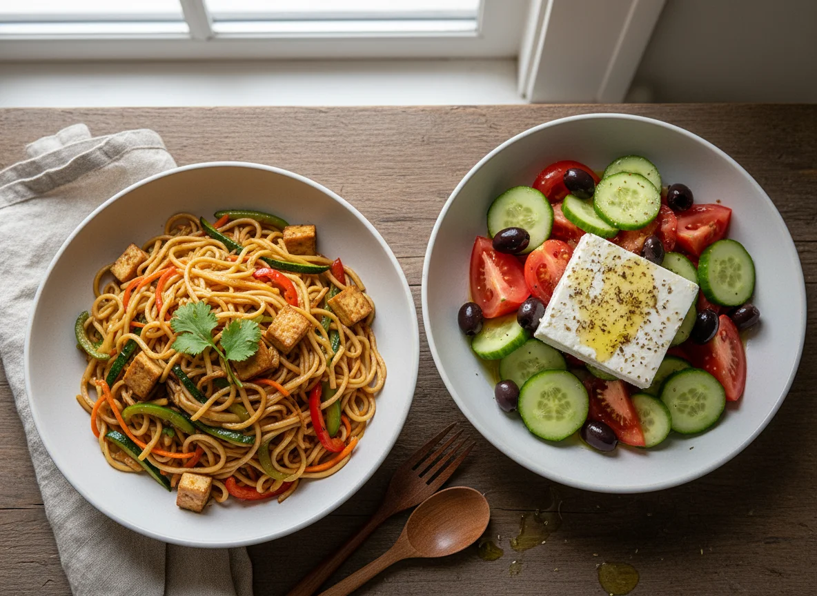 Noodles with vegetables and Greek salad photo