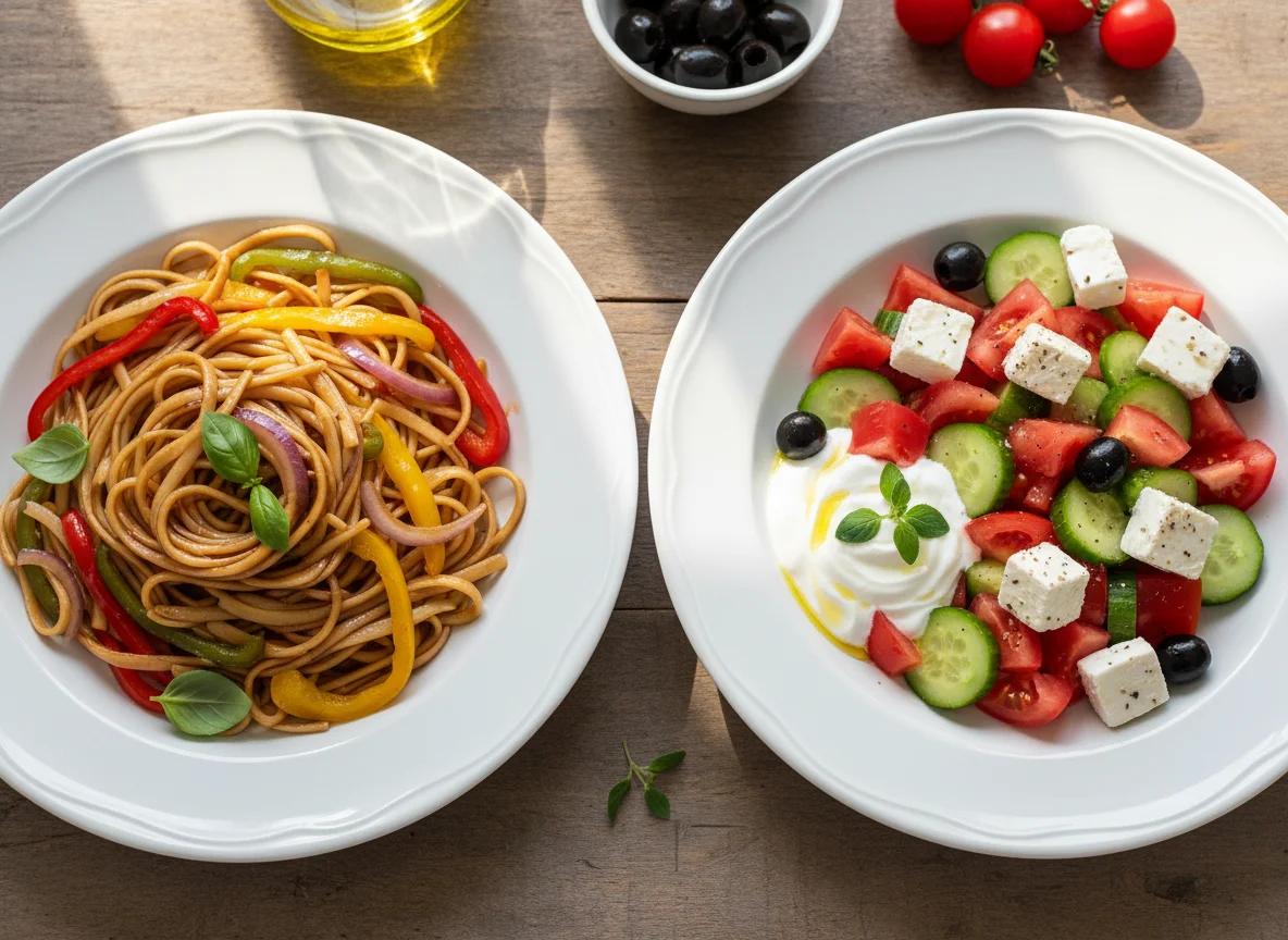 Noodles with Vegetables and Mediterranean Salad photo