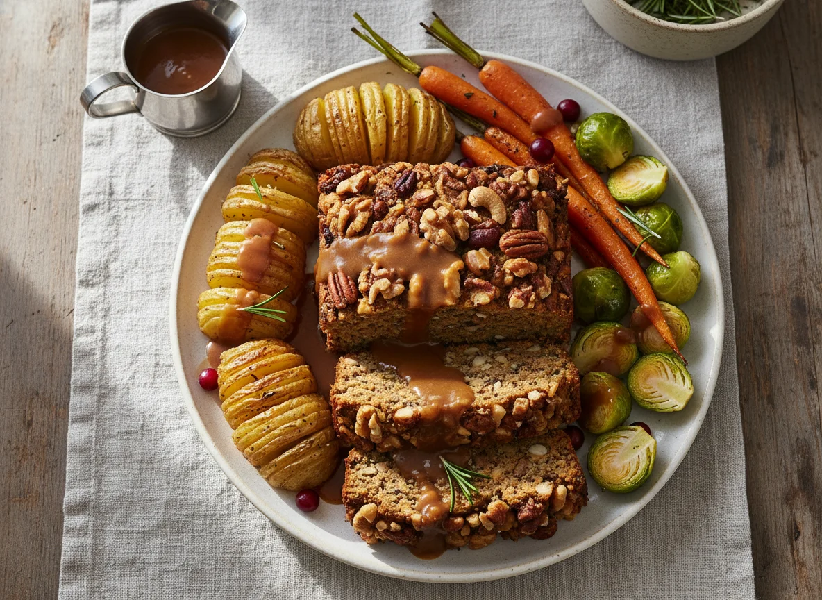 Nut Roast Dinner with Roasted Vegetables and Gravy photo
