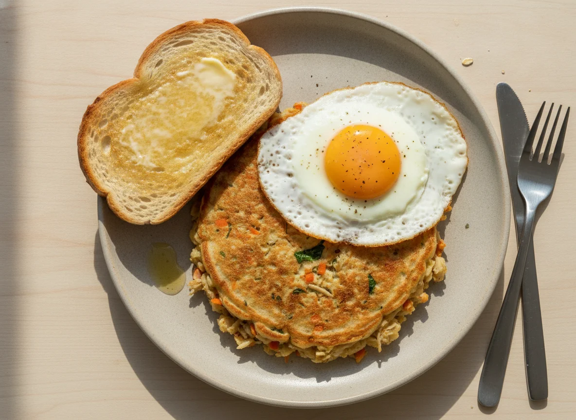 Oat and Chicken Pancake with Buttered Toast photo