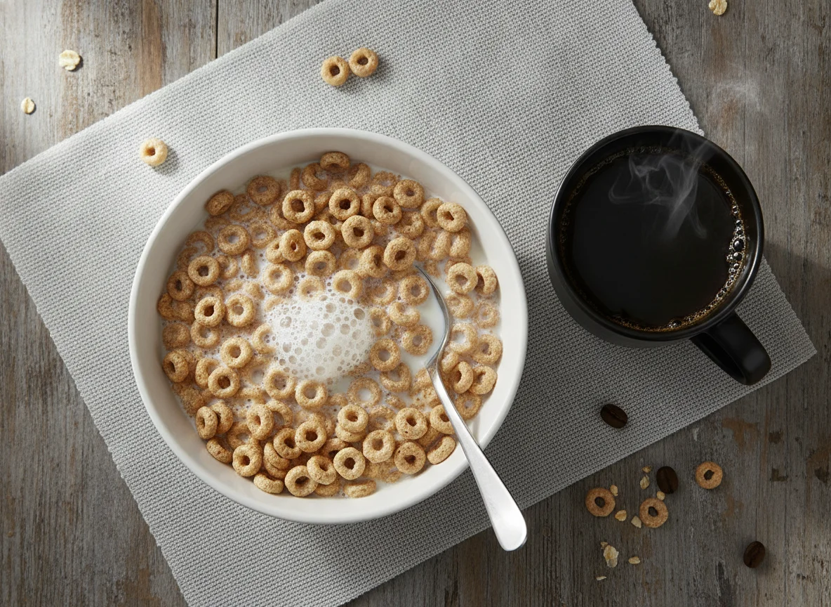 Oat Cereal with Milk and Black Coffee photo