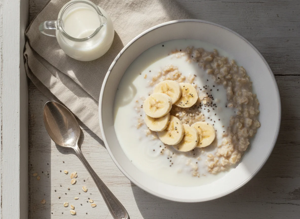 Oatmeal and Banana Breakfast with Milk photo