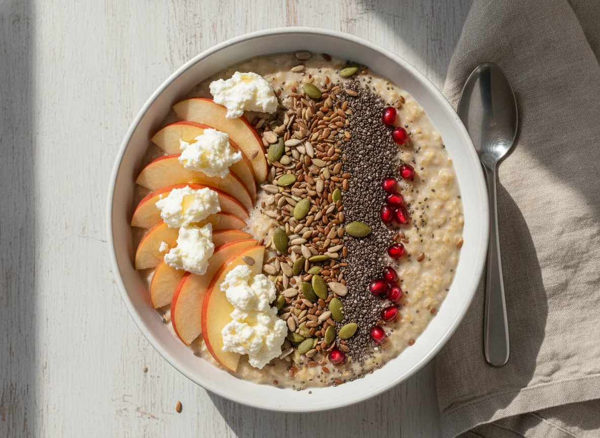 Oatmeal bowl with apple, seeds, and ricotta photo