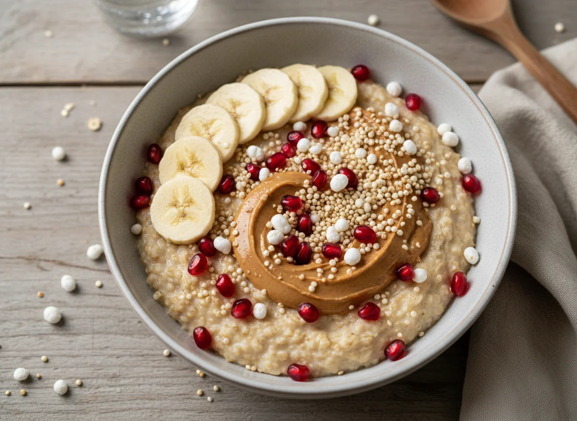 Oatmeal bowl with banana, nut butter, pomegranate, and puffed quinoa photo