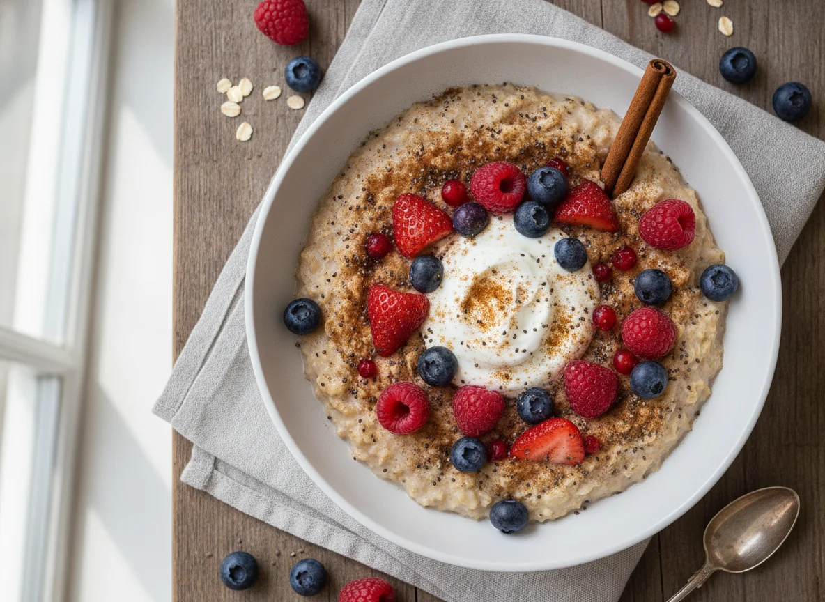 Oatmeal bowl with berries and cinnamon photo