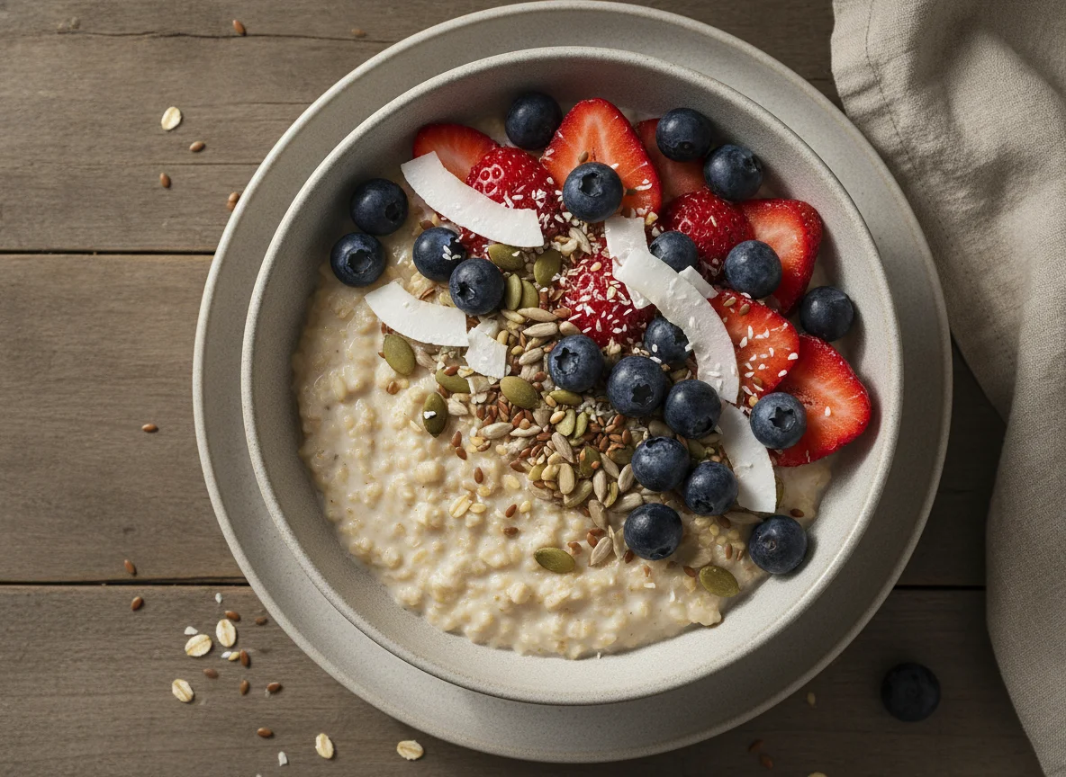Oatmeal bowl with berries and seeds photo